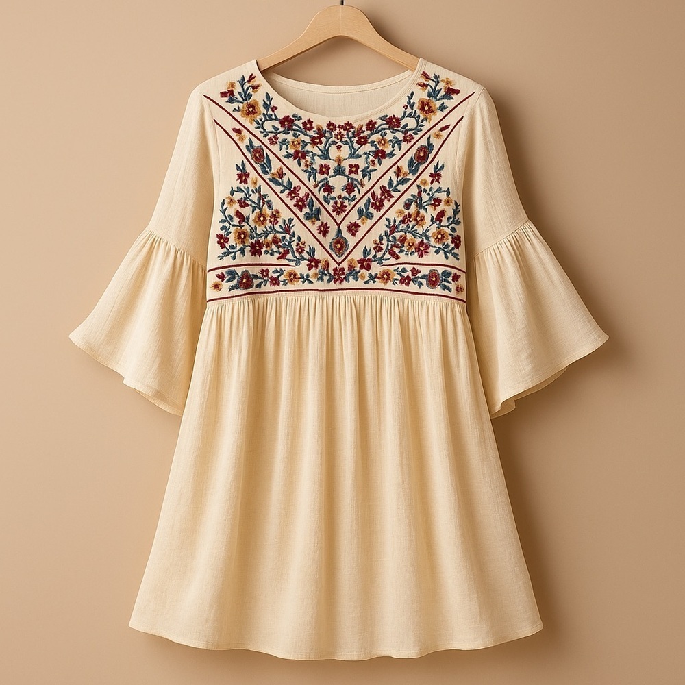 Boho Cream Gauzy Embroidered Mini Dress Tunic Umgee Boutique EUC S #1589